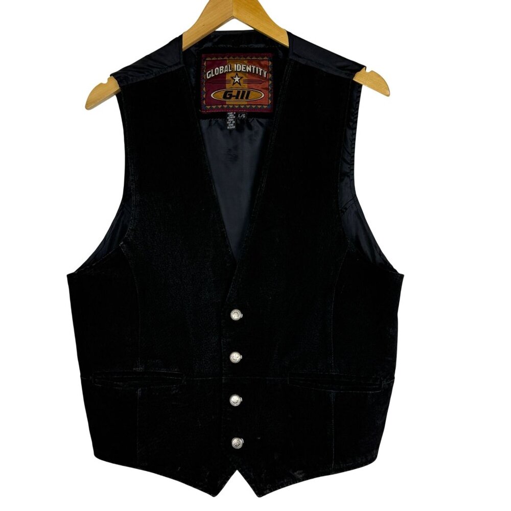 Global Identity G-III Black Suede Leather Vest Mens Large Western Biker Snaps